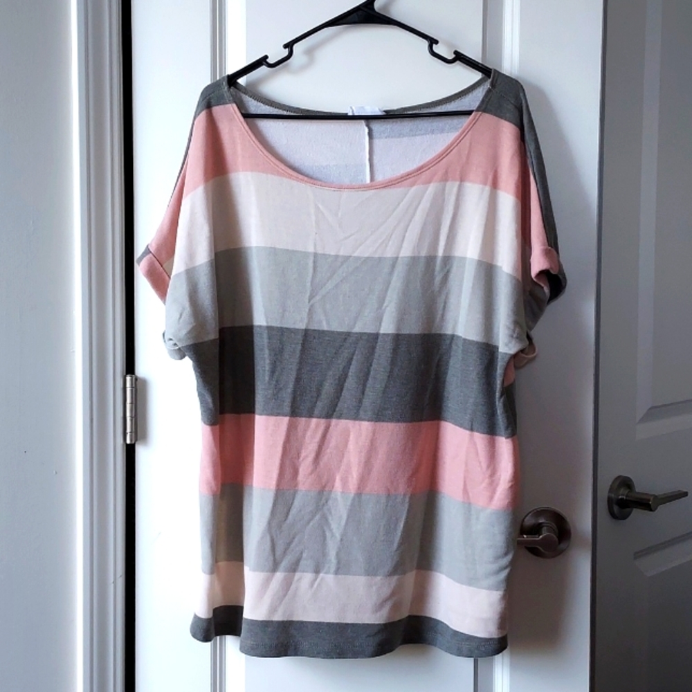 First Love by Lovelyn shirt sleeve top pink grey white blue 1x